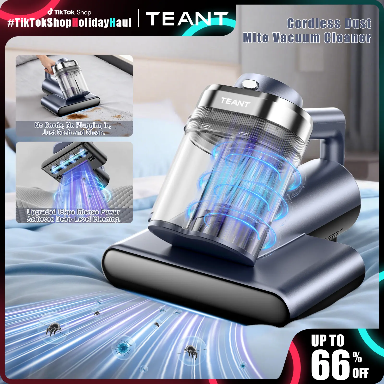 2026 Teant Upgraded Cordless Mattress Vacuum Cleaner, 18KPa Powerful Suction, UV-C Light, 149°F Hot Air, HEPA Filter, LED Display, Aroma Function for Bed, Sofa, Carpet, Cordless Vacuum Cleaner