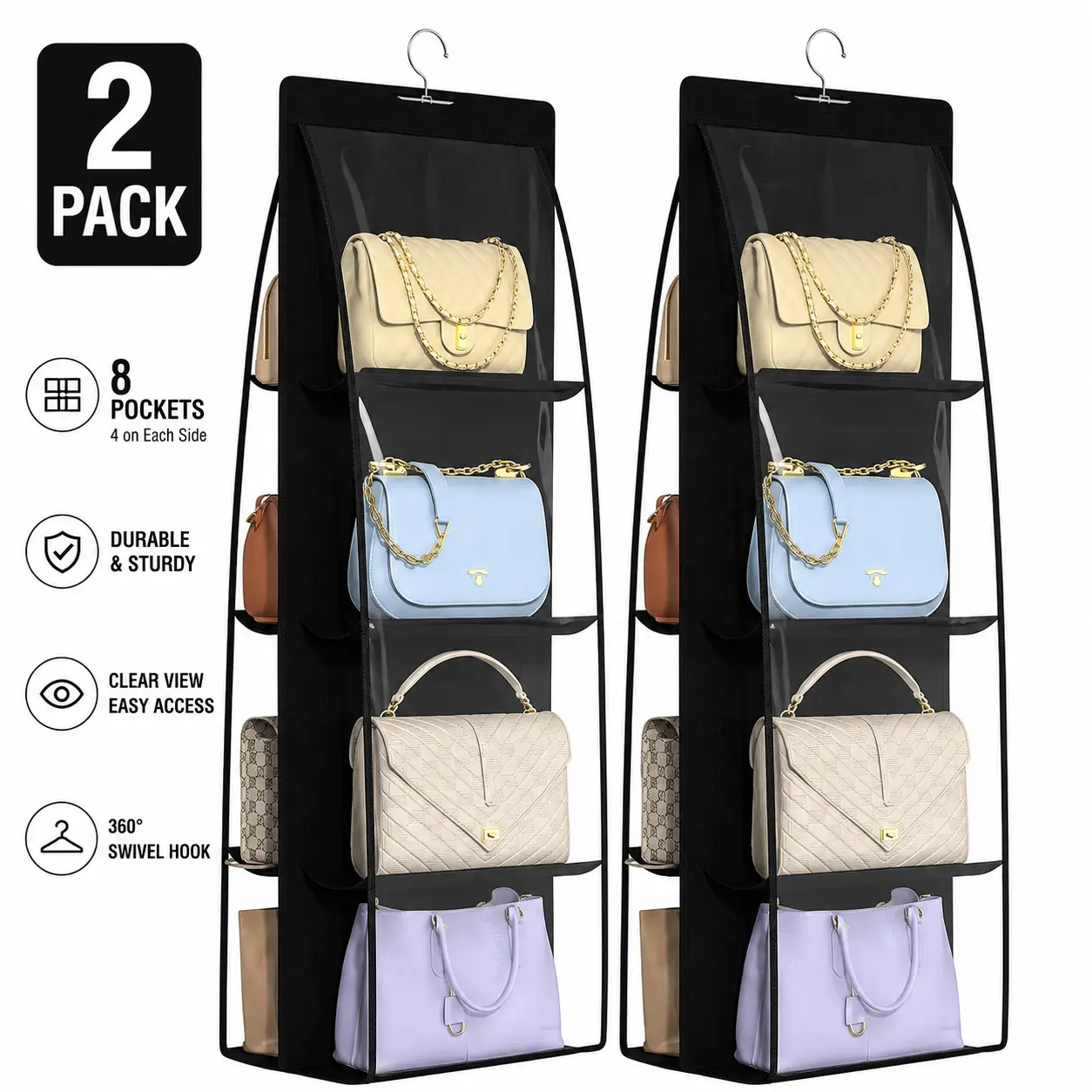 2 Pack Hanging Purse Organizer for Closet, 8 Large Clear Pockets Handbag Storage Organizer, Dust-Proof Closet Purse Holder with Reinforced Hook, Foldable Hanging Bag Organizer for Handbags, Totes & Wallets