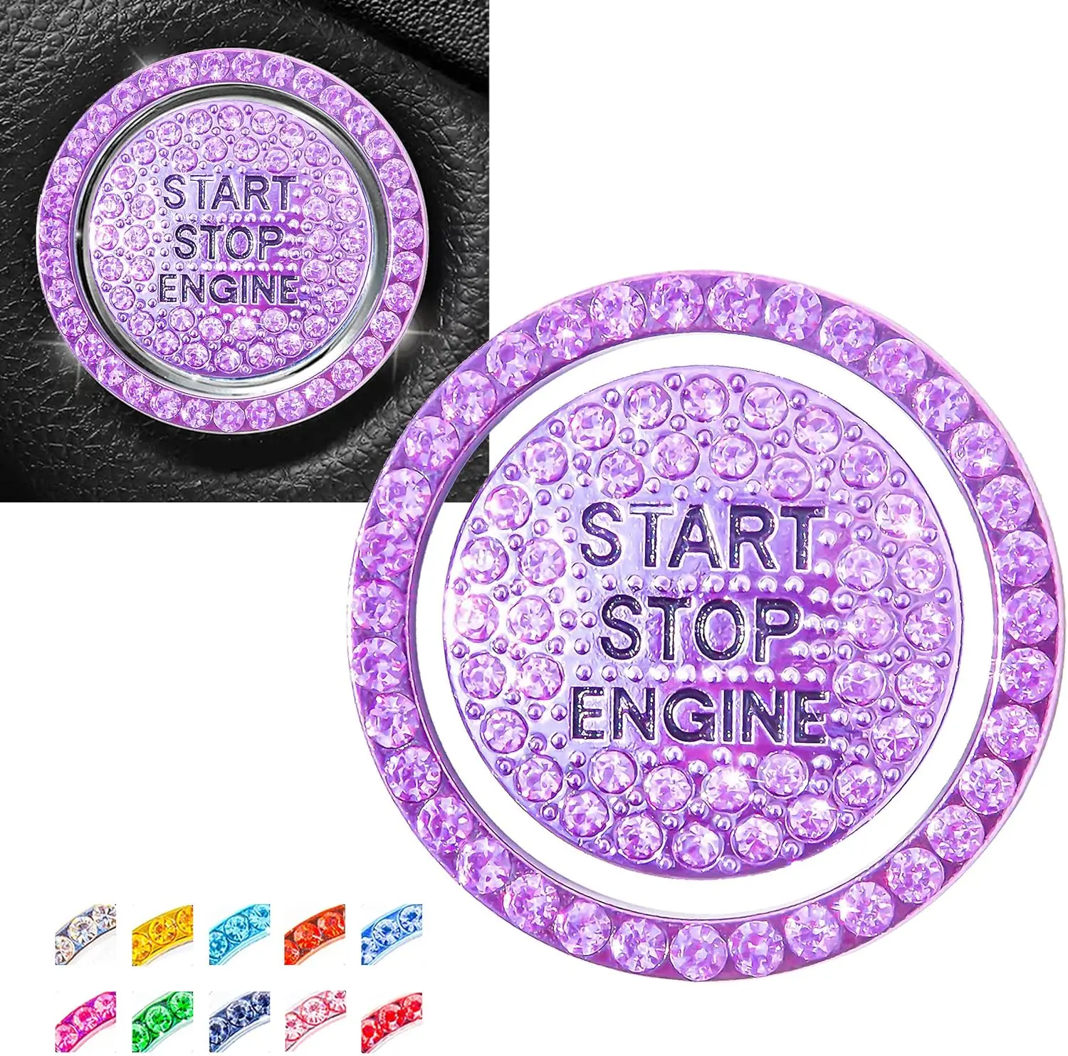 Car Interior Decorative 2-Piece Set - 2 Rings (Engine Start Stop Button Ring + Key Ignition Starter Knob Crystal Rhinestone Cover), Classical Lavender Purple Bling Accessory, Two Piece Set, Diamond