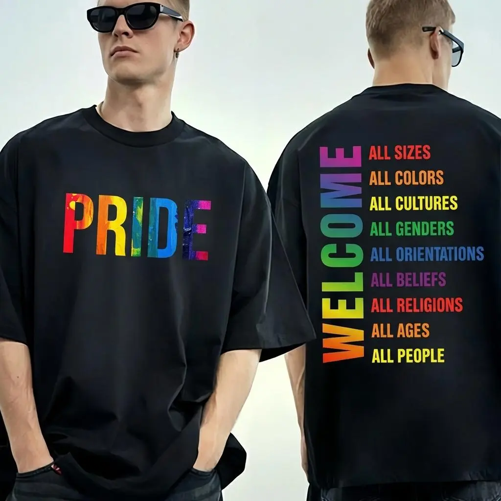 Pride Welcome Graphic T-Shirt, Unisex Casual 100% Cotton Tee with Double Sided Print, LGBTQ+ Pride Month Round Neck Apparel, Top, Oversized, Menswear, Fabric, Classic, Pride-Themed Men's Short-Sleeve T-Shirts
