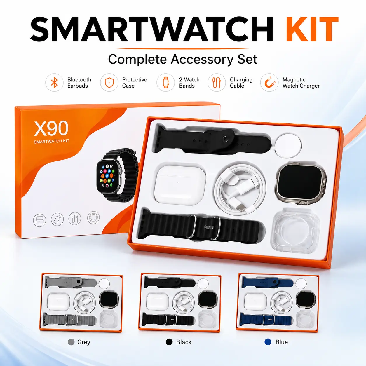 Wearable Device Kit with Bluetooth Earbuds, Magnetic Charger, Type-C Cable & Protective Case