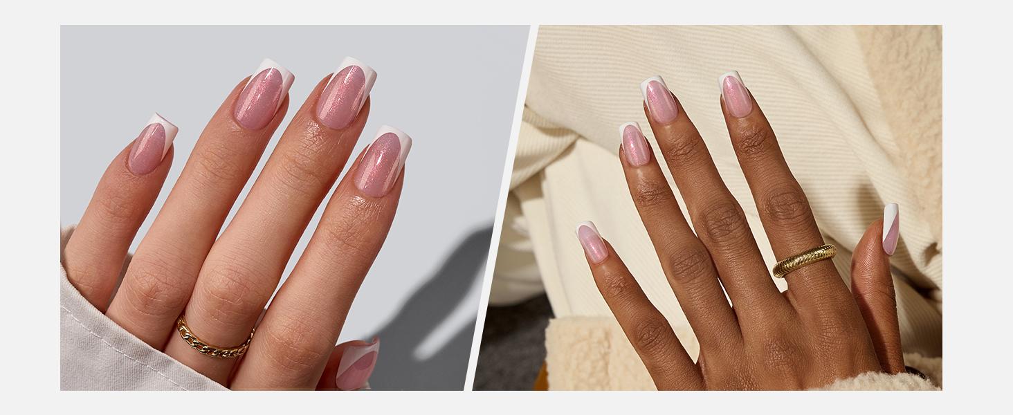 BTArtboxnails XCOATTIPS Press on Nails-96pcs White Short Square or Almond or Stiletto French Tips Glitter Pink Base,Soft Gel FalseNail, Soak Off Acrylic Fake Nails Extensions