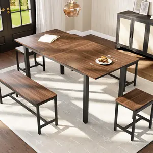 5 PCs Dining Table Set for 6-8 People, 63 in Extendable Kitchen Table Set with 2 Benches and 2 Square Stools, Modern Dining Room Furniture Sets,Brown