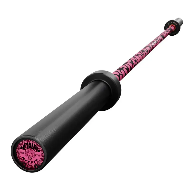 RITFIT Pink Leopard Olympic Barbell for Women, 15kg - 25mm Grip, Ceramic Coated Strength Training Bar with Smooth Spin for Home Gym Workouts, Exercise Fitness Equipment, Weightlifting Barbell, Strength Training Barbell
