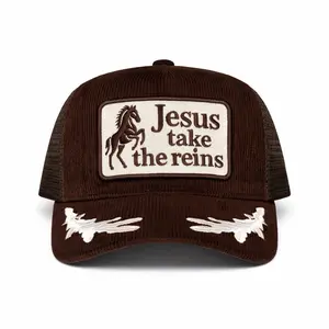 Jesus take the reins brown corduroy trucker hat