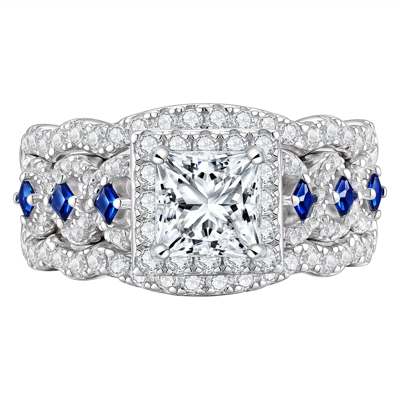 Newshe Women's 925 Sterling Silver Princess Moissanite Engagement Ring Stack with Blue Sapphire Wedding Band & Promise Accent (Sizes 5-10), Bridal Set