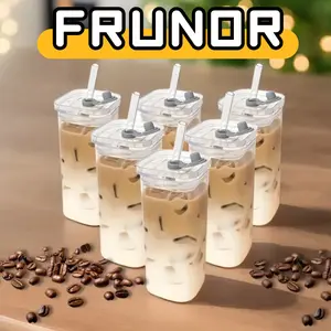 6/4pcs Glass Portable Drinking Cup 400ml/14oz, Square Heat Resistant Coffee Cup With Lid And Straw Transparent Milk Tea Juice Cups Coffee Mug For Home Bar Drinkware (6, 4,Glass Lid)