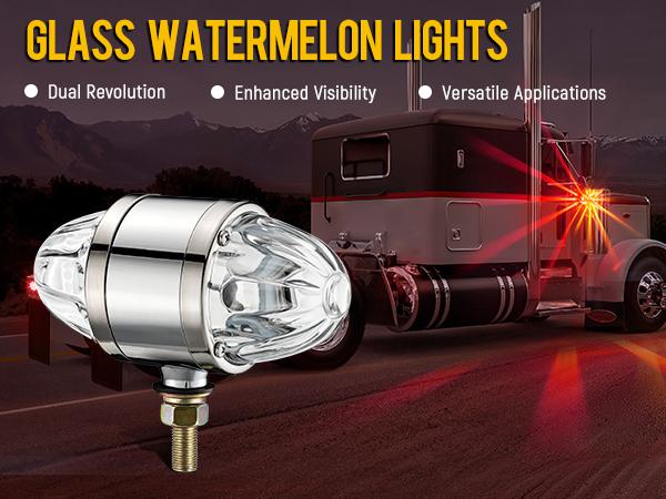 Partsam Glass Watermelon Light Dual Revolution Double-Face Amber Red LED Turn Signal Marker Tail Light, Zinc Alloy Housing Clear Lens Post Mount for Peterbilt Freightliner Semi Truck Trailer, 10-30V