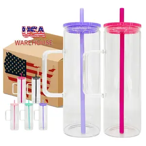 25pcs Pack USA 20oz Clear Straight Blank Sublimation Glass Mugs with Handle and Colorful Plastic Lids for Sublimation and UV DTF Wraps