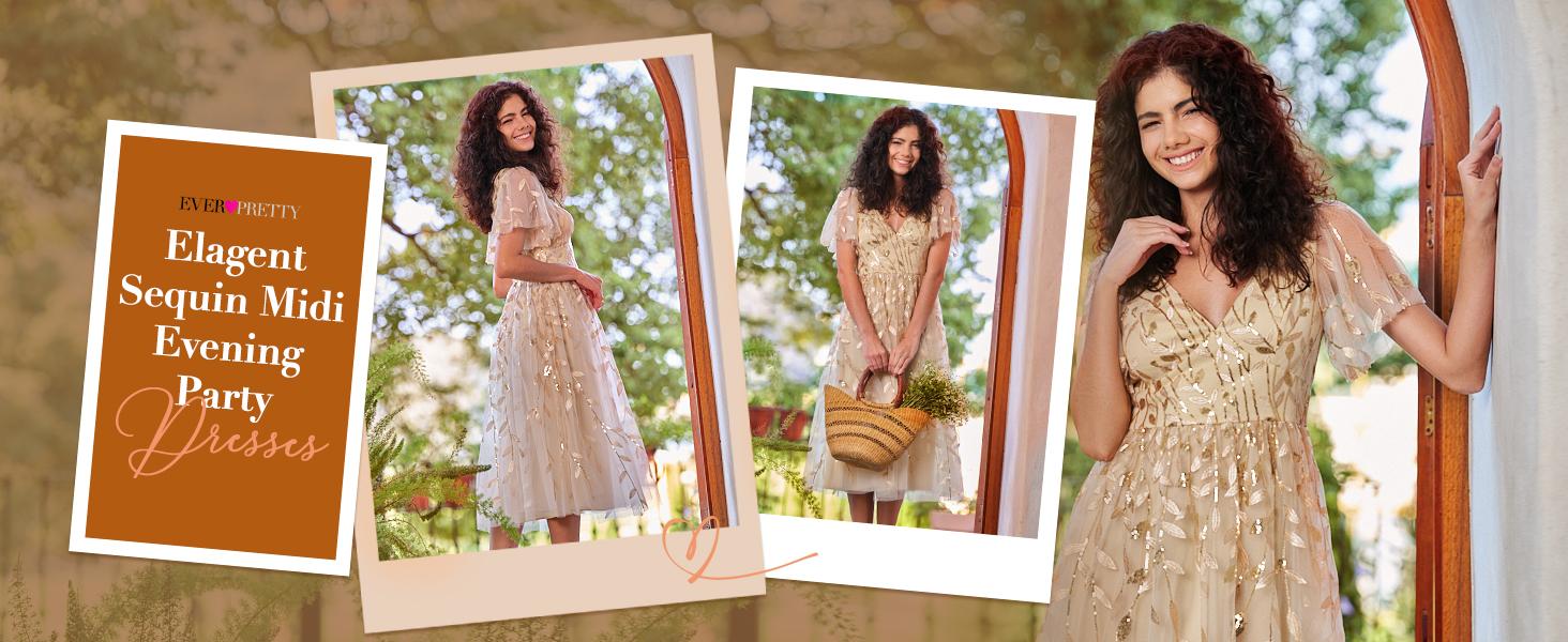 Ever-Pretty 2026 Spring dress ,Short Sleeves Leaf Sequin A-Line Midi Formal Wedding Guest Dress ,Formal dress,Evening Dress 02230