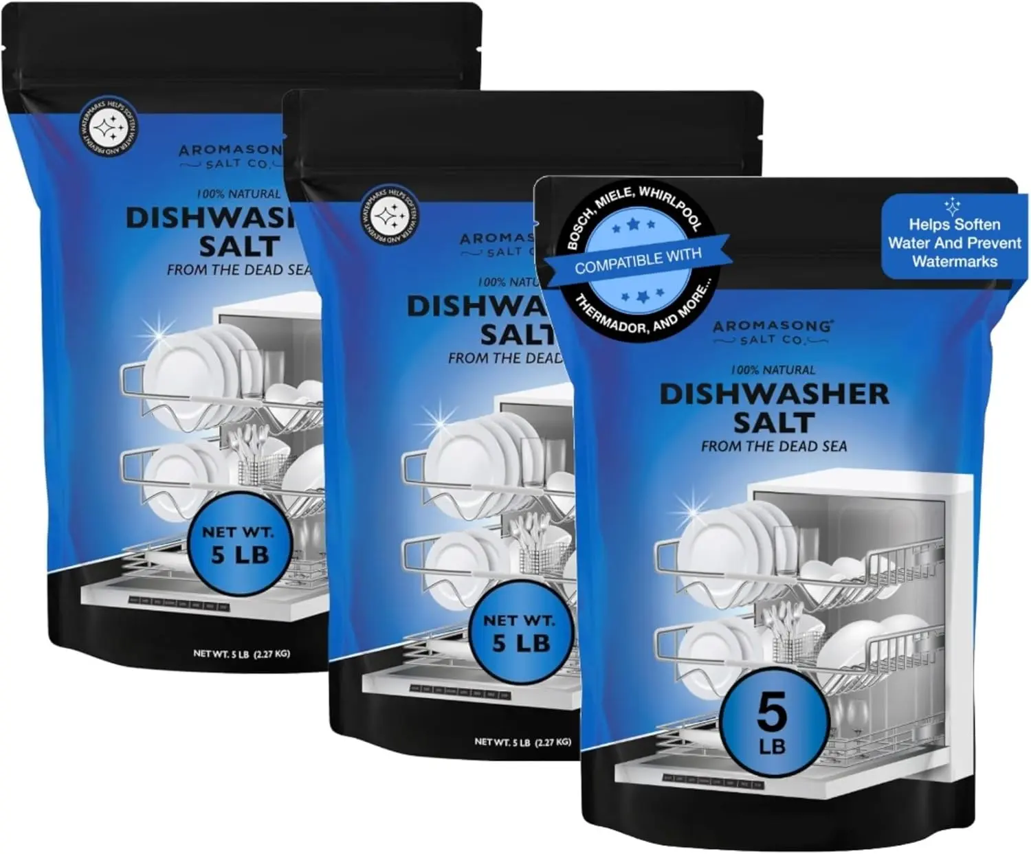 AROMASONG Household Dishwasher Salt Powder - 15 lbs Water Softener, 100% Natural Detergent, 3-Pack, Compatible with Bosch Miele Whirlpool Thermador, Enhances Dishwashing Efficiency, Spotless Dishes, Washer Reactivation, Packaging May Vary, Pack Of 3, Clea