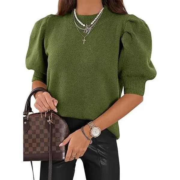 Cicy Bell Women's Puff Short Sleeve Sweater Tops 2025 holiday outfit Trendy Knit Crew Neck Casual T Shirts Blouses Knitted Womenswear Knitwear