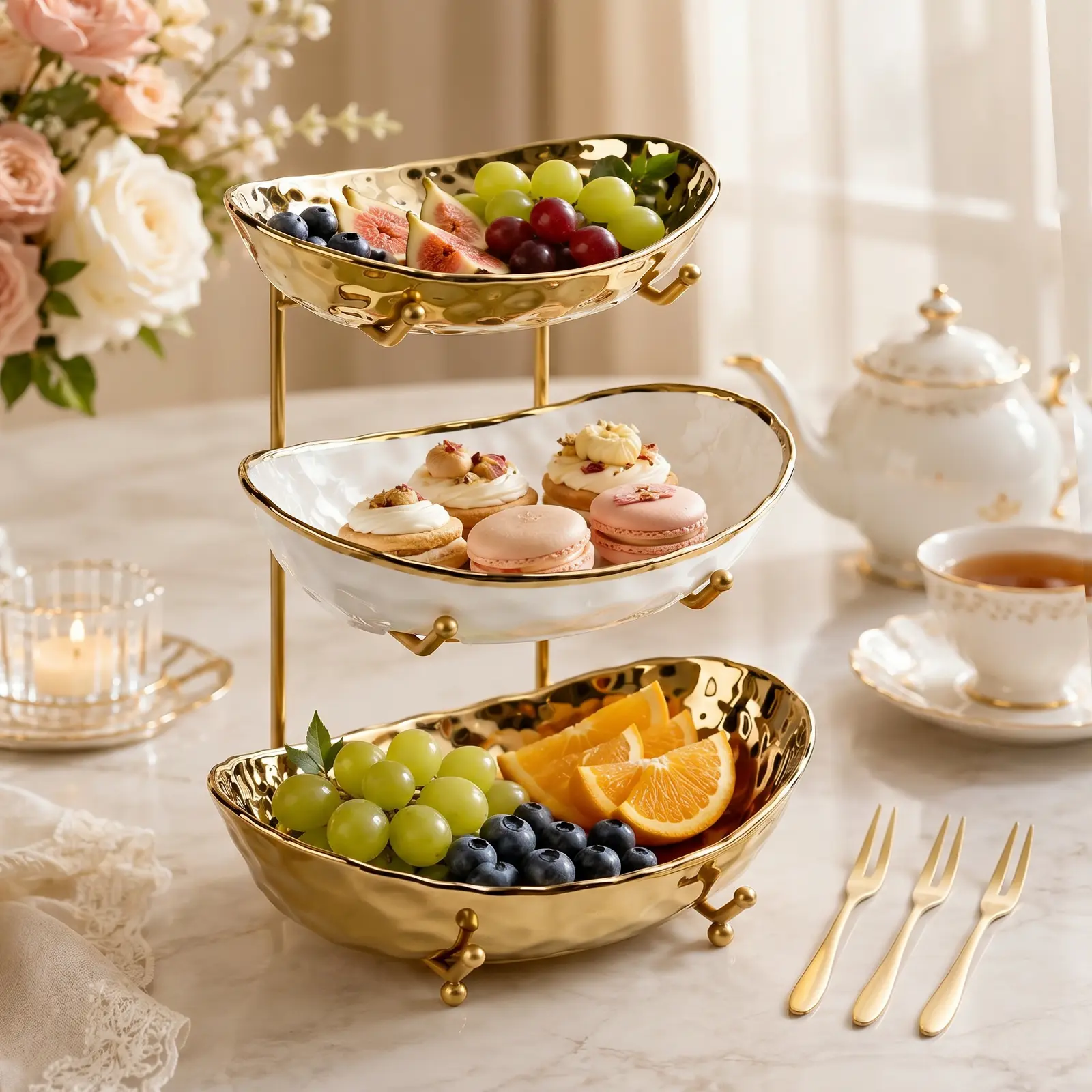 3 Tier Ceramic Fruit Basket for Kitchen Counter, Modern Fruit Bowl with Gold Metal Stand, Tiered Fruit Tray for Countertop, Snacks, Nuts, Cakes, Desserts, Candy