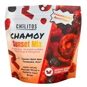 SUNSET GUMMY MIX 4 in 1 Chamoy Candy - Chilitos Sweet, Sour & Spicy Chili Snack - Mexican Fruit Flavored Gummy Candy for All Ages, Authentic Dulces Mexicanos Enchilados, 6oz Candy Bags with Tamarindo Pulp Chamoy