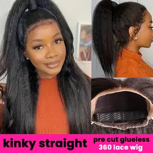 Bling Hair 360 Glueless Wigs Kinky Straight 360 Full Skin Lace Frontal Wig Invisible Strap Pre Plucked Pre Cut Natural Hairline Human Hair Wig