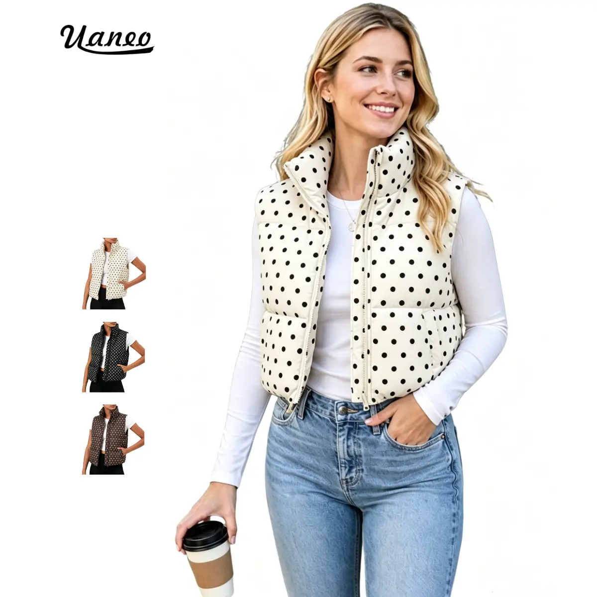 UANEO Women's Polka Dot Sleeveless Puffer Vest Zip Up Stand Collar Cropped Outerwear Casual Layer Gilet
