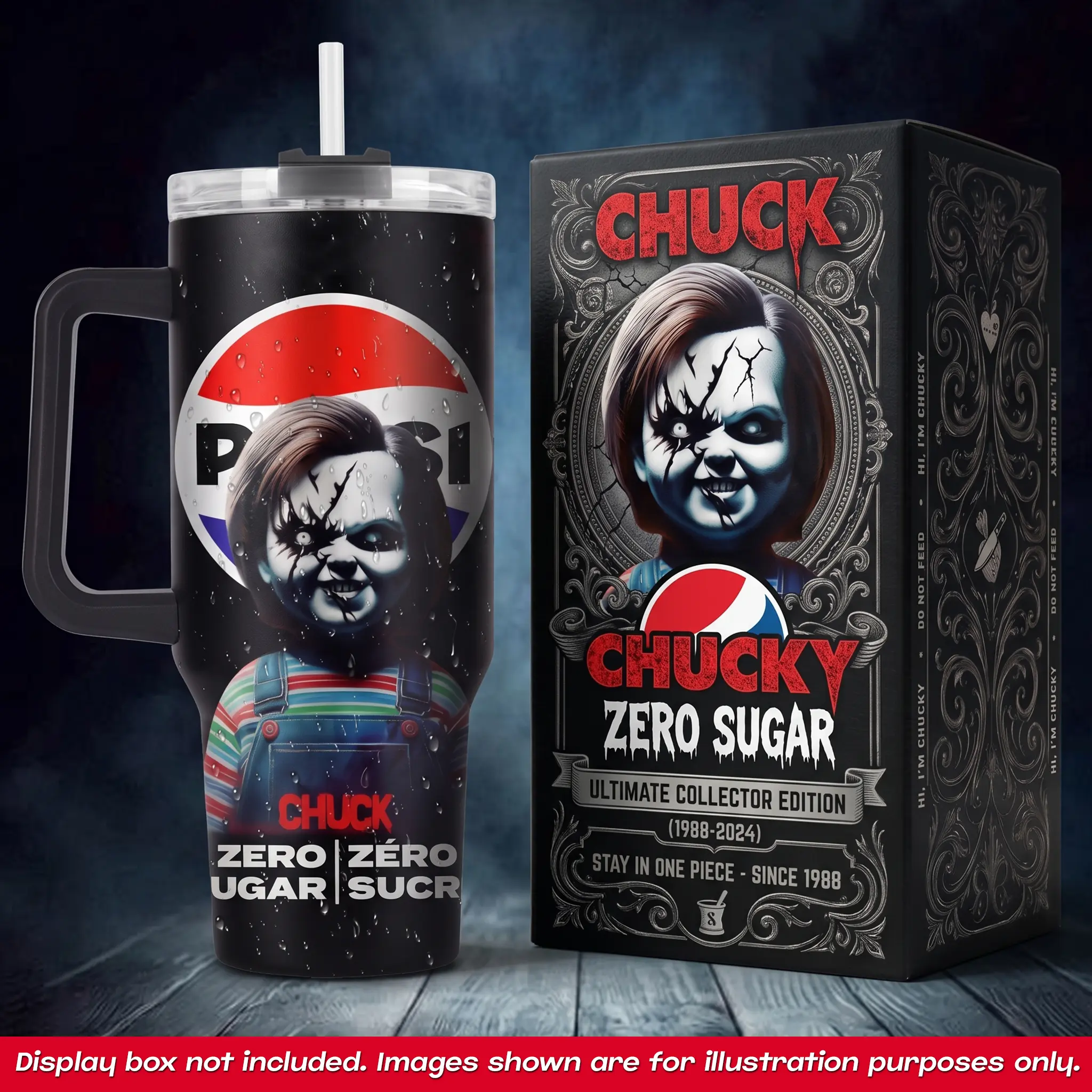 Chucky Pepsi Zero Sugar 40oz Tumbler with Handle and Straw, Childs Play Chuck Killer Doll Travel Mug, Charles Lee Ray Ultimate Collector Edition 1988-2024 Stainless Steel Insulated Water Coffee Cup, Spooky Horror Movie Drinkware, Gifts for Fans