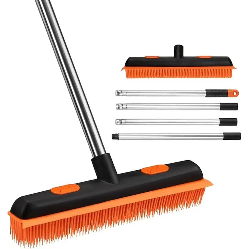 Adjustable 2 in 1 Rubber Broom with 33-64" Long Handle for Pet Hair Cleaning on Carpet, Hardwood Floor, Tile - Black Orange