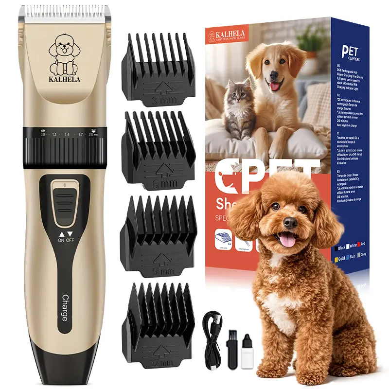 KALHELA Dog Clippers Low Noise, Quiet Dog Grooming Kit Rechargeable Cordless Pet Hair Clipper Trimmer Shaver for Small and Large Dogs Cats Animals (Gold)