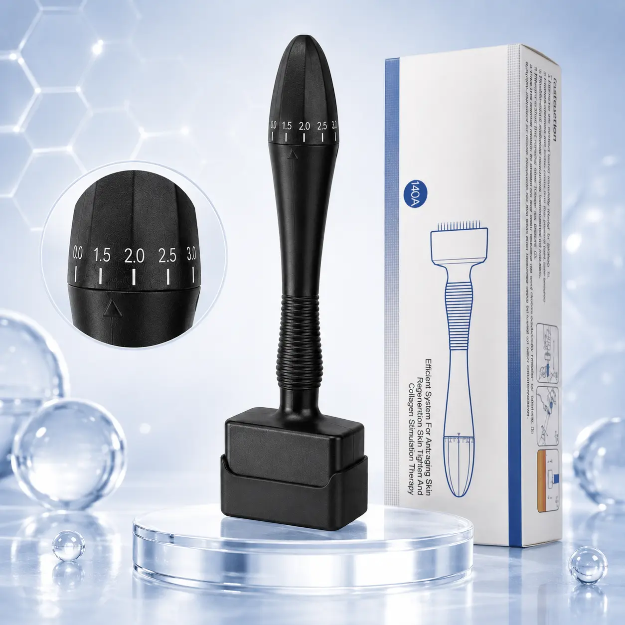 Adjustable Derma Stamp, 0.0–3.0mm Precision Skin Care Tool with Vertical Press Design, Square Stamp Head, Non-Slip Ergonomic Handle and Protective Storage Base for Face Care Routine