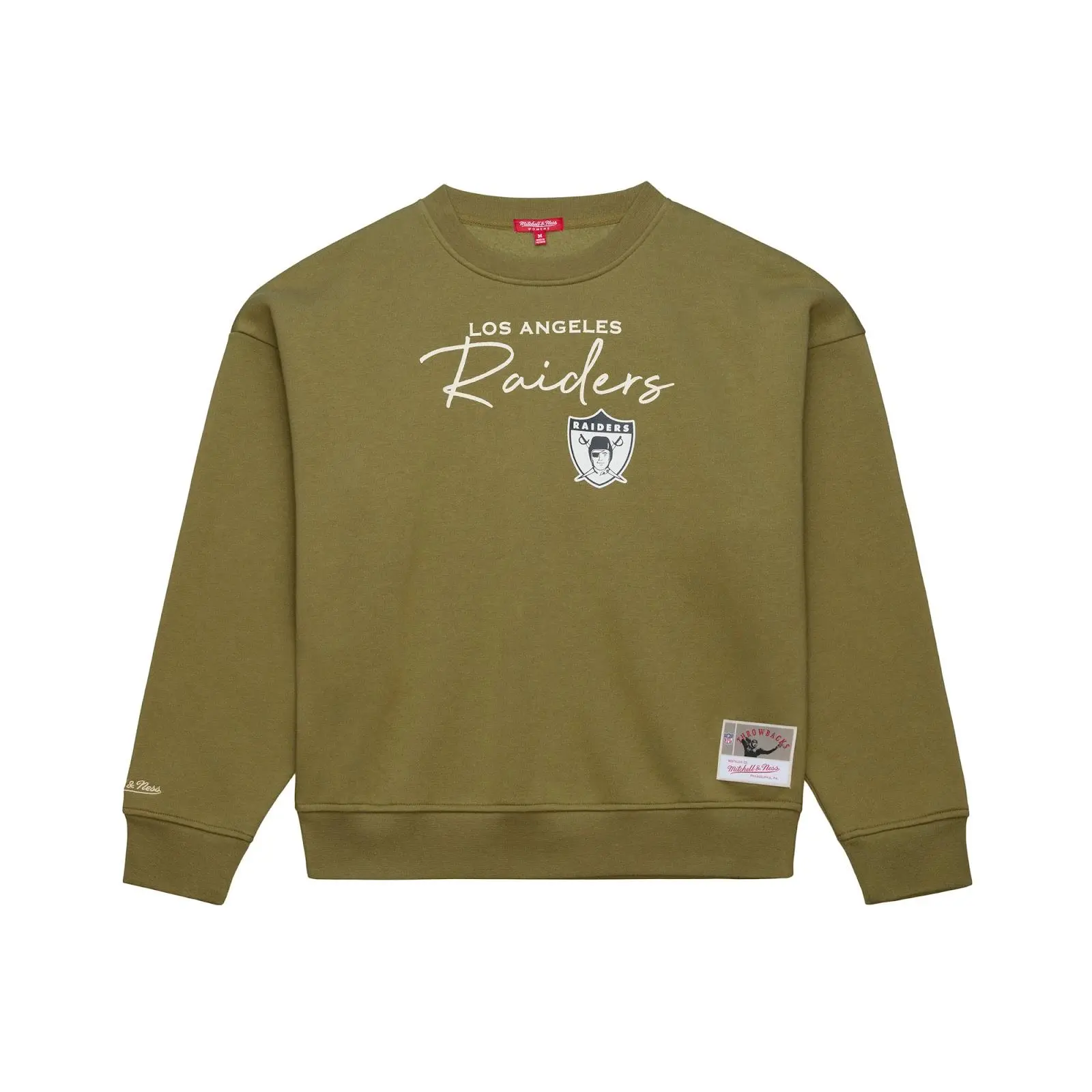 Women's Los Angeles Raiders Olive Midweight Crewneck Sweatshirt NFL Throwback Vintage Fan Gear Mitchell & Ness