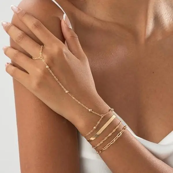 Women's 14K Gold-Plated Stackable Finger Ring Hand Chain, Dainty Layered Link Bracelet, Trendy Jewelry Gift for Beauty & Personal Care Enthusiasts