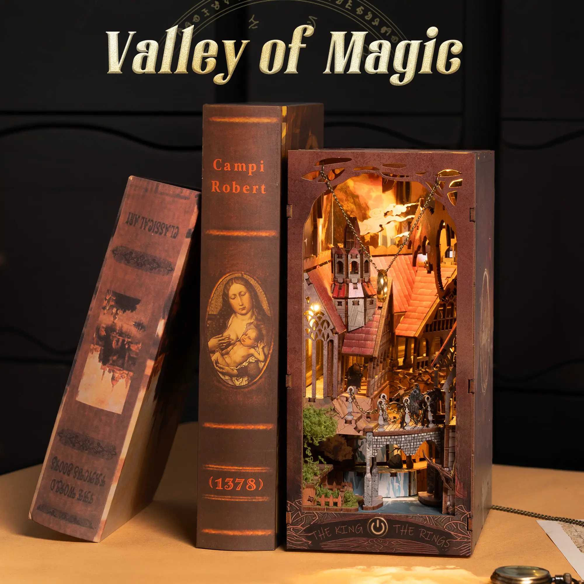 Magic Valley Book Nook Kit – DIY Wooden 3D Puzzle Bookshelf Insert with LED Lights, Miniature Bookend 3D Puzzle for Display & Gift
