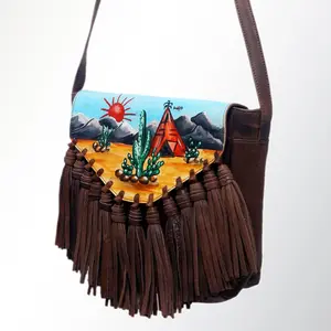 Hand-Painted Leather Fringe Crossbody Bag - Western Scene Artwork
