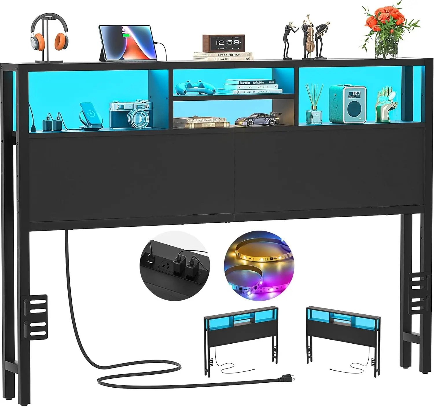 Headboard for Queen Size Bed with Storage, Headboards with Outlets, USB Ports and LED Light, Queen Size Head Board Only, Height Adjustable, Reversible, Sturdy and Stable Headboard