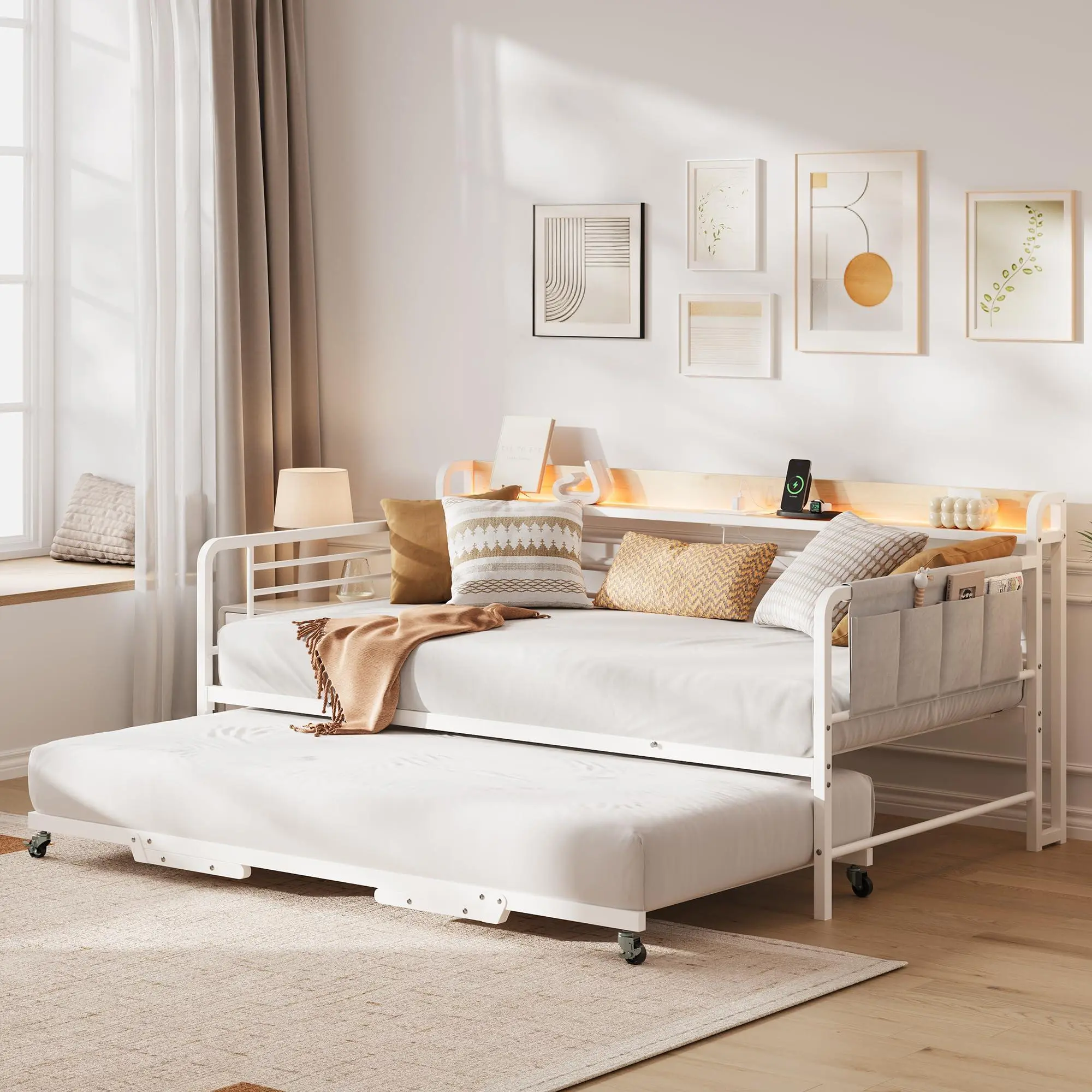 Daybed with Trundle Bed, Twin Bed Frame with Storage Headboard & Charging Station and LED Light, Heavy Duty Metal Day Bed Pop Up Trundle Bed for Living Room,Bedroom, White