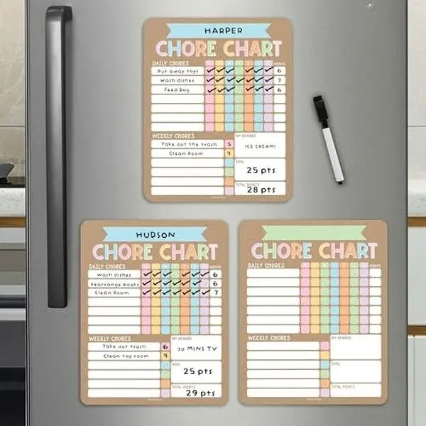 Hadley Designs Kids 8x10 Size Pastel Rainbow Magnetic Dry Erase Weekly Chore Charts (Set of 3), Toddlers-Teens Responsibility Charts with Reward Section & Marker, USA-Made Accountability Teaching Tool (Fridge-Mountable)