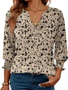 3/4 Length Sleeve Womens Tops 2026 Floral Womens Blouses V Neck TunicTops with Smocked Cuffs Prints Ruffle Outerwear Loose Spring Womenswear