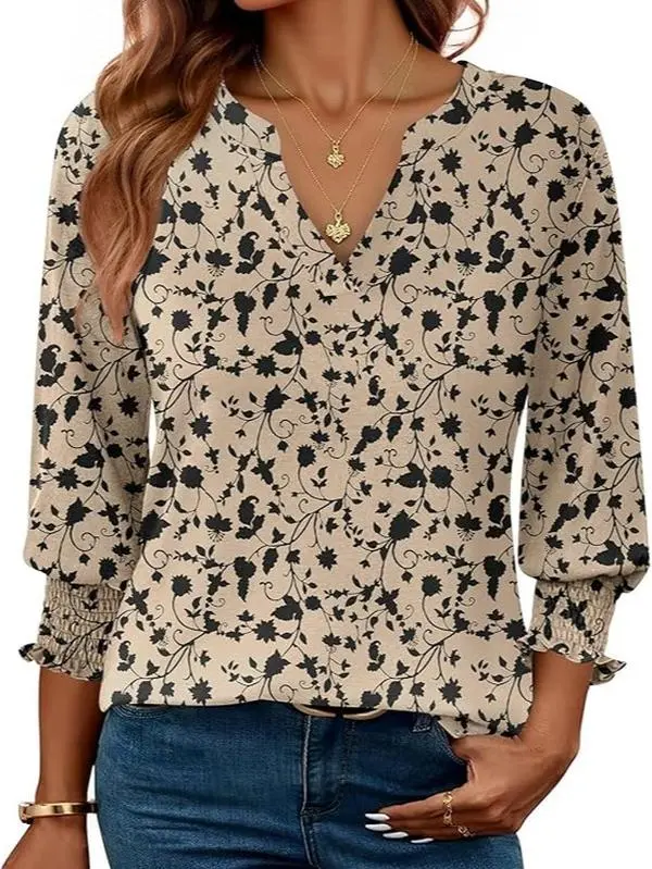 Women's Casual Floral Tunic Top, V-Neck Blouse with 3/4 Sleeves and Smocked Ruffle Cuffs, Breathable Loose Fit for Spring,back to school,back to school shopping