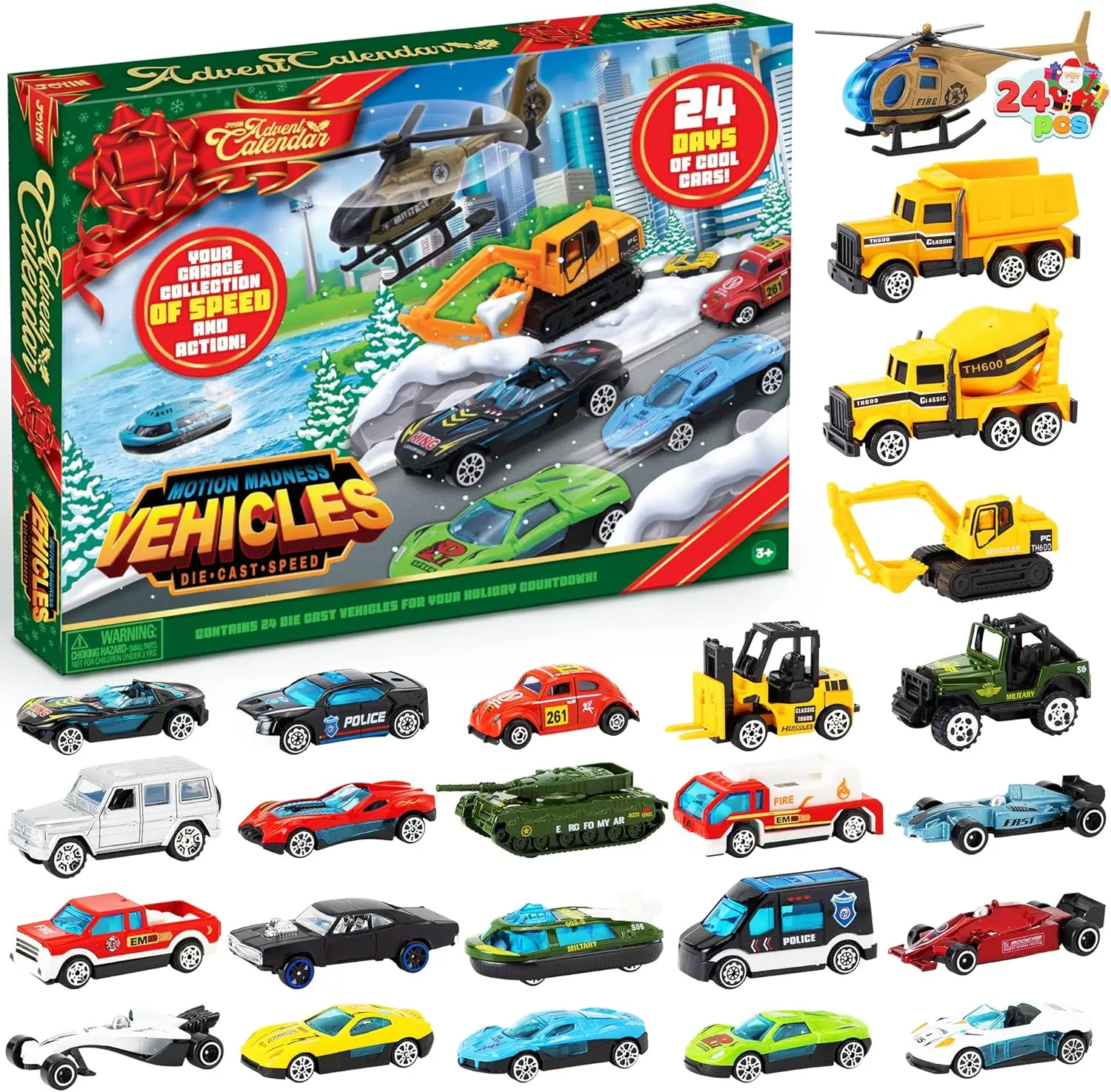 2026 Christmas Advent Calendar, 24 Days Countdown Calendar Diecast Cars Set, Christmas Vehicles Toys for Boys Kids, Classroom Prizes Xmas Gift, Xmas Party Favor Gifts, Advent Calendar Kids Slime with Accessories / Finger Puppets / Slime with Accessories