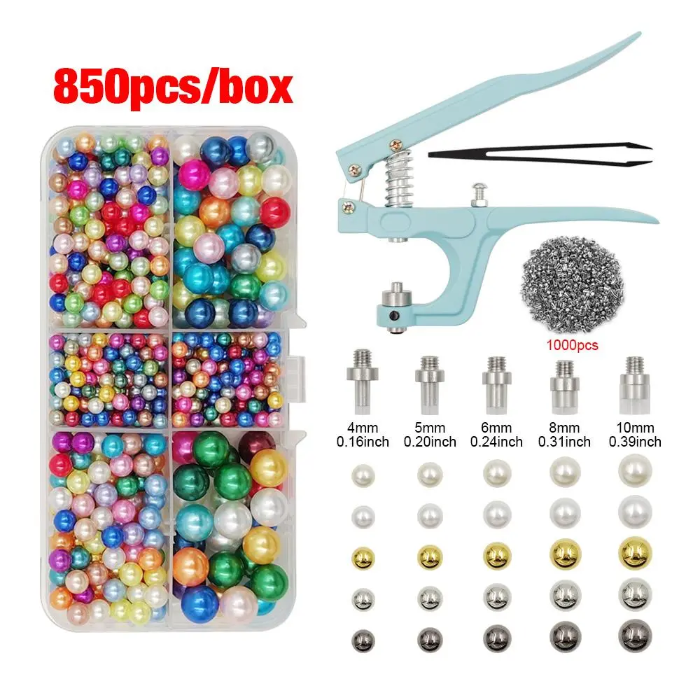 Hand Pressure Pearl Punching Machine Tools with 850pcs Beads, 1 Set Portable Manual Pearl Setting Machine, Beads Rivet Claw Nail Fixing Tool for DIY Clothing Sewing Accessories and Supplies Crafts