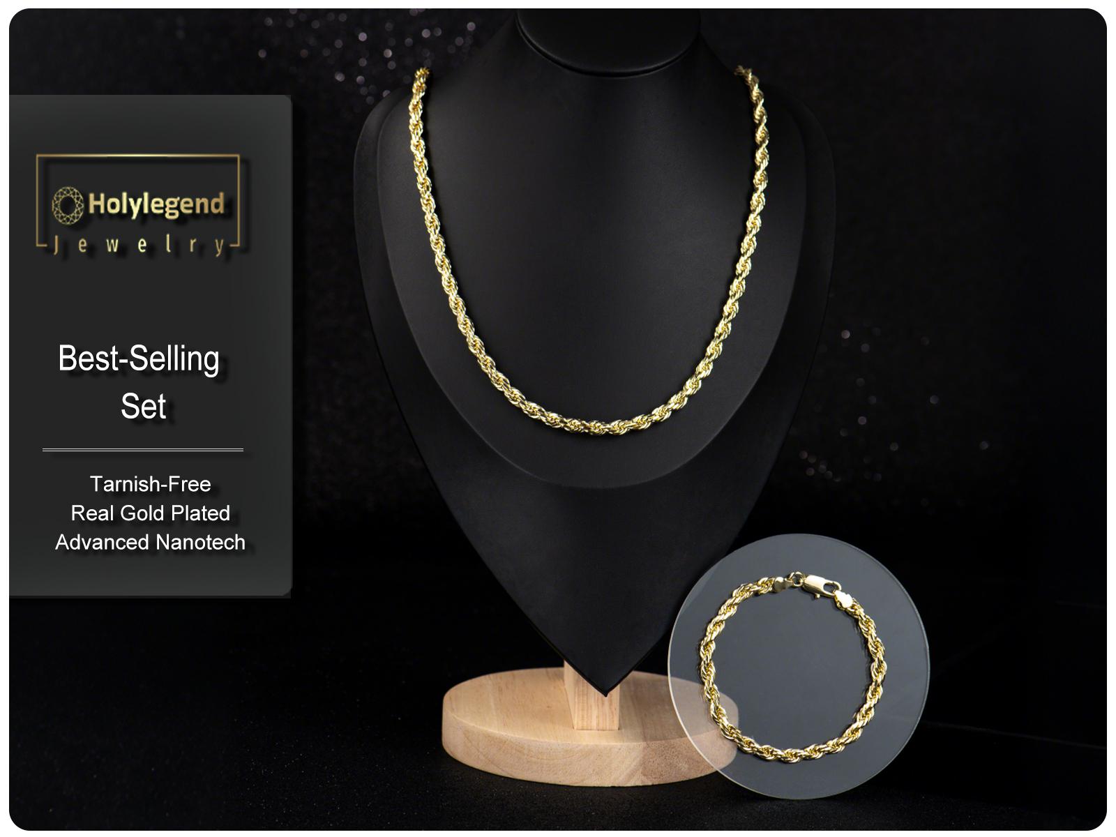 Holylegend 14K Real Gold-Plated Cuban, Rope Chain Necklace Set– Upgraded Craft, Faceted Cut,Tarnish-Free with Nanotechnology Coating, 24 Inches, 6mm/8mm