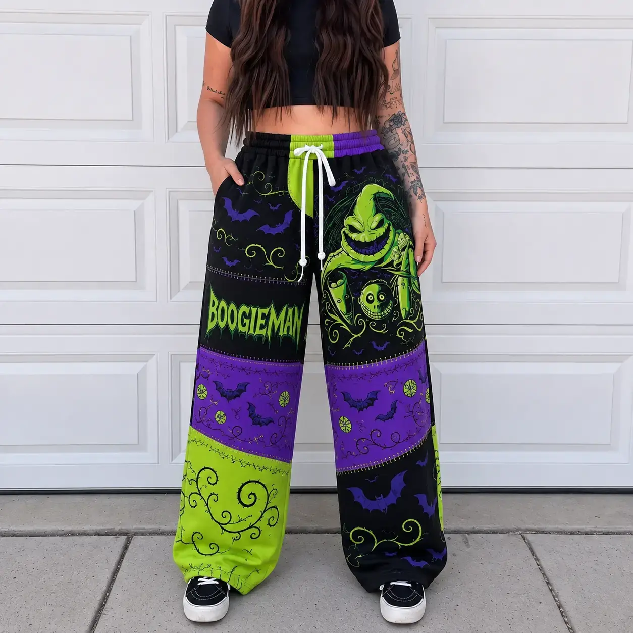 [Collections] Green Monster Halloween Sweatpants, Spooky Patchwork Wide Leg Jogger Pants, Purple Black Horror Streetwear, Playing Card Gothic Pants, Unisex Halloween Gift
