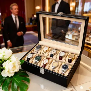 10 Slots Watch Box Cases For Mens Jewelry Holder Display With Large Glass Lid Stand Organizer Gift Removable Pillows Loved Ones  Black Synthetic Leather Watch Accessories 10 Compartments High-grade Leather Watch Collection Storage Box Black