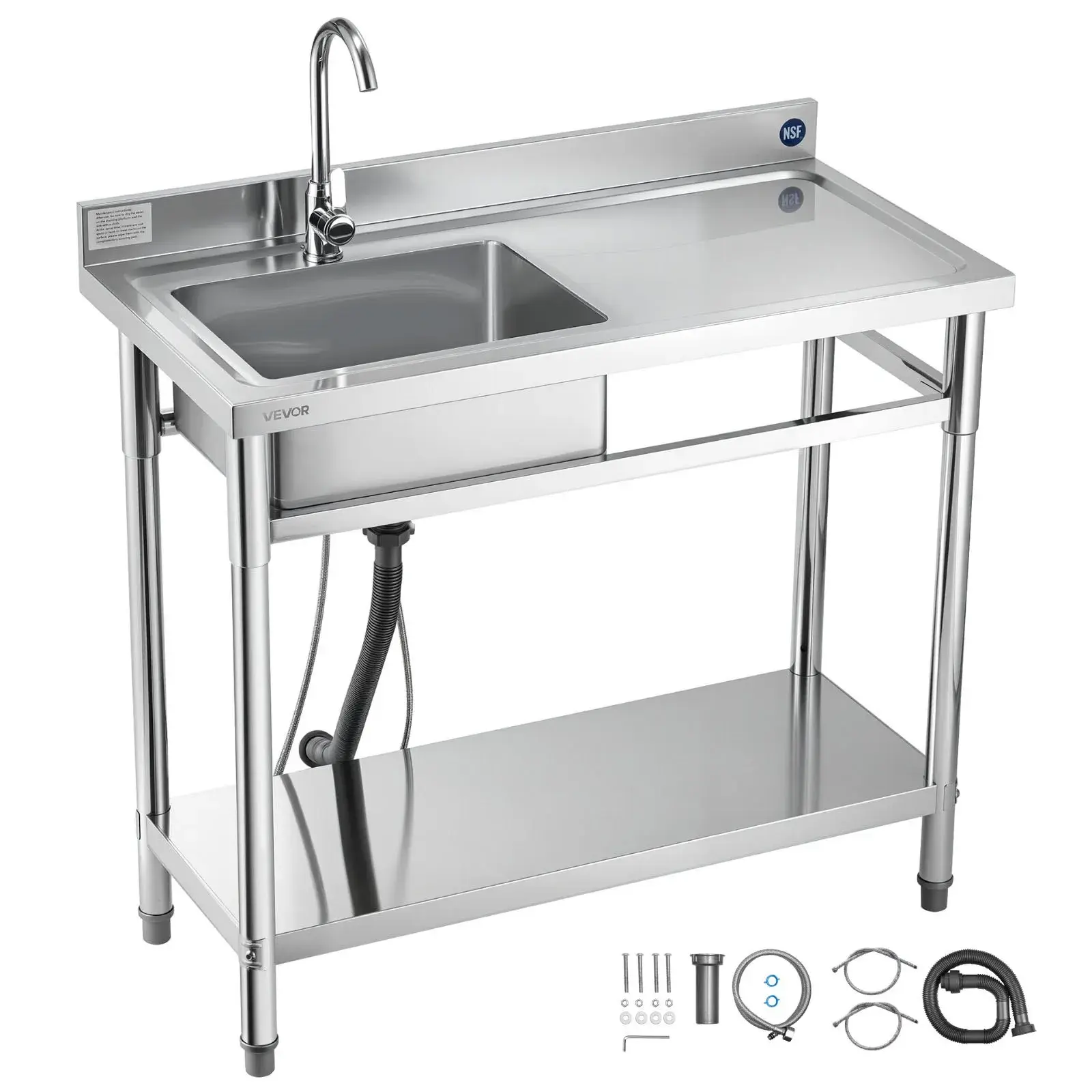 【Summerfinds】VEVOR Rectangular Stainless Steel Utility Kitchen Sink Workstation - Free-Standing Single Right Bowl Commercial Sink for Bar, Outdoor Kitchen, Commercial Users, with Adjustable Faucet, Hot-Cold Water Pipe, 39.4x19.7x37in
