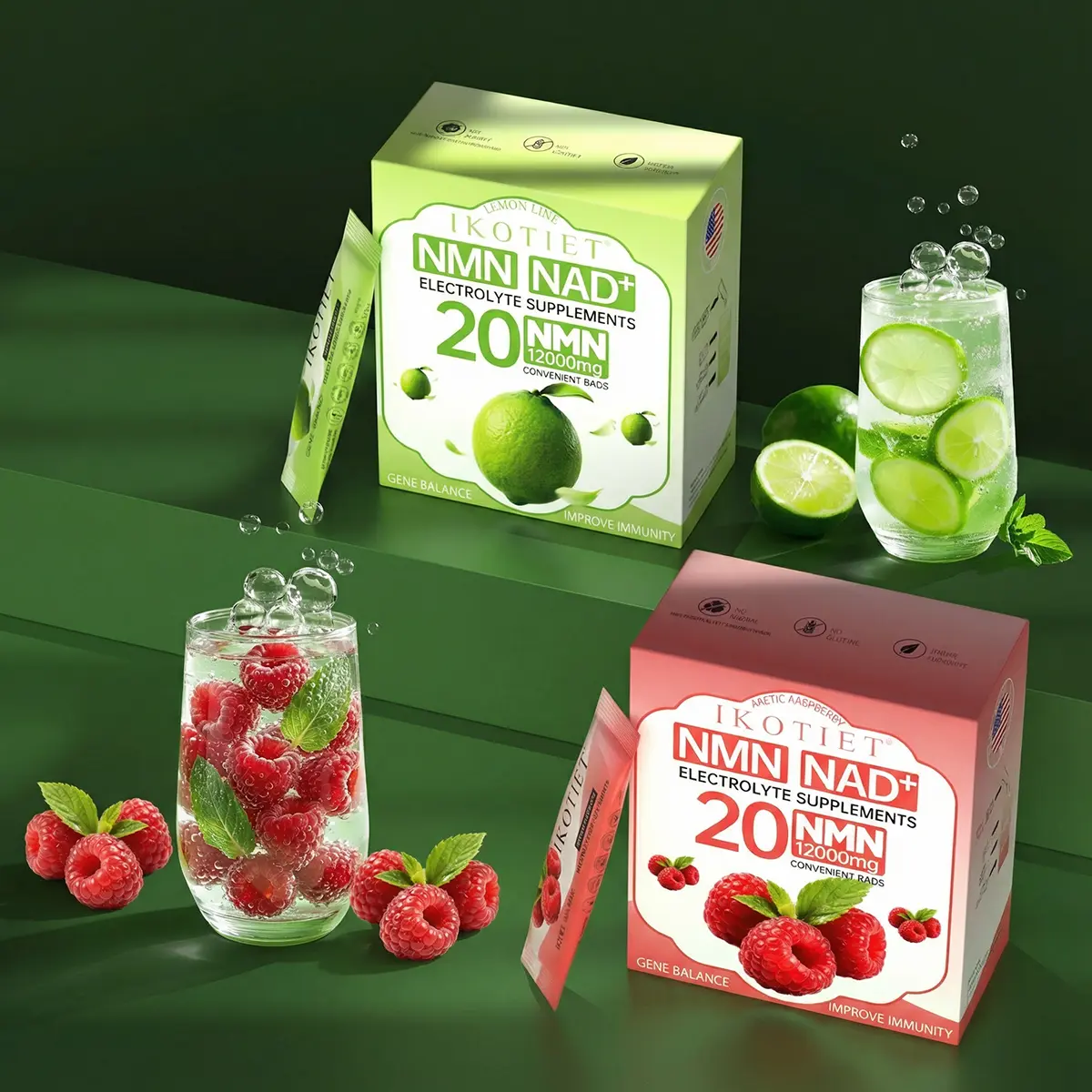 IKOTIET 20PCS Premium Fruity Supergreens Superfood Green Drink Mix Powder - FDA Approved, NAD+, NMN, CoQ10, Electrolyte Blend - Lemon/Arctic Raspberry - Sugar-Free Vitamin Supplement for Fitness, Immune Support