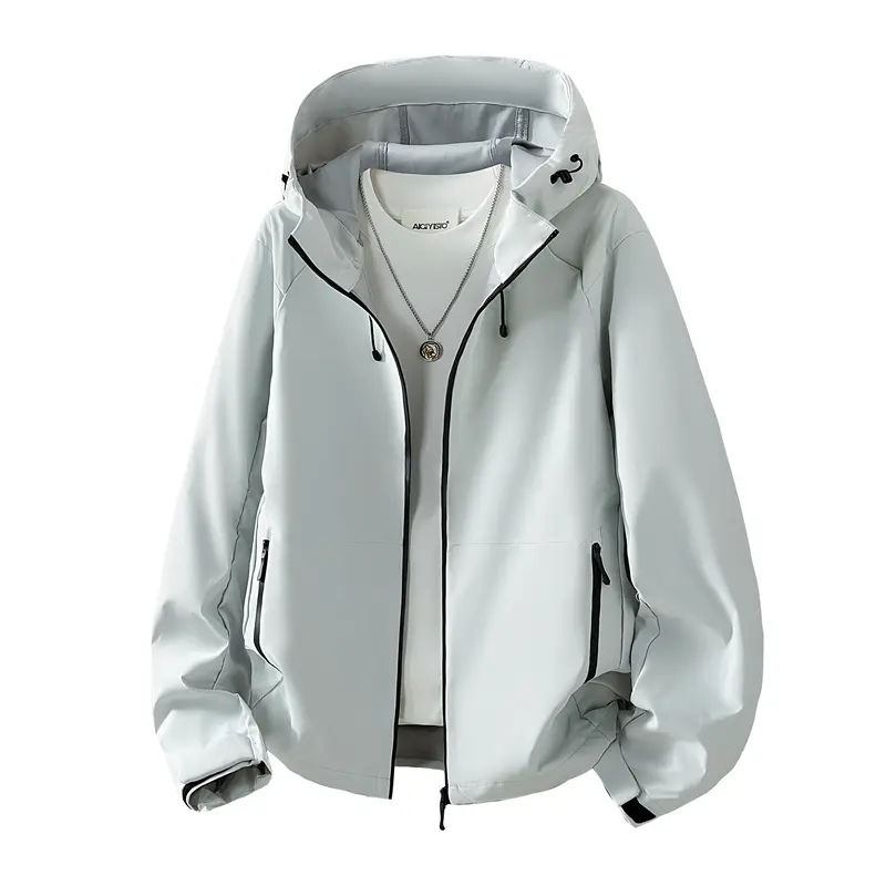 Women’s Waterproof Windproof Woven Fabric Hooded Zip Hiking Jacket - Loose Drop-Shoulder, Solid Color, Adjustable Drawstring Hood, Minimalist Basic Tops Coats, Everyday Casual Outerwear for Spring, Autumn, Pockets