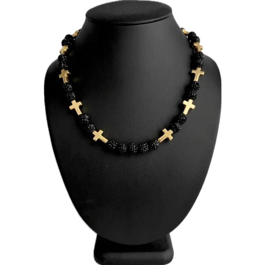 Iced Bling Disco Ball Rhinestone Bead Baseball Necklace Prayer Cross Collection Black Gold Neck Jewelry