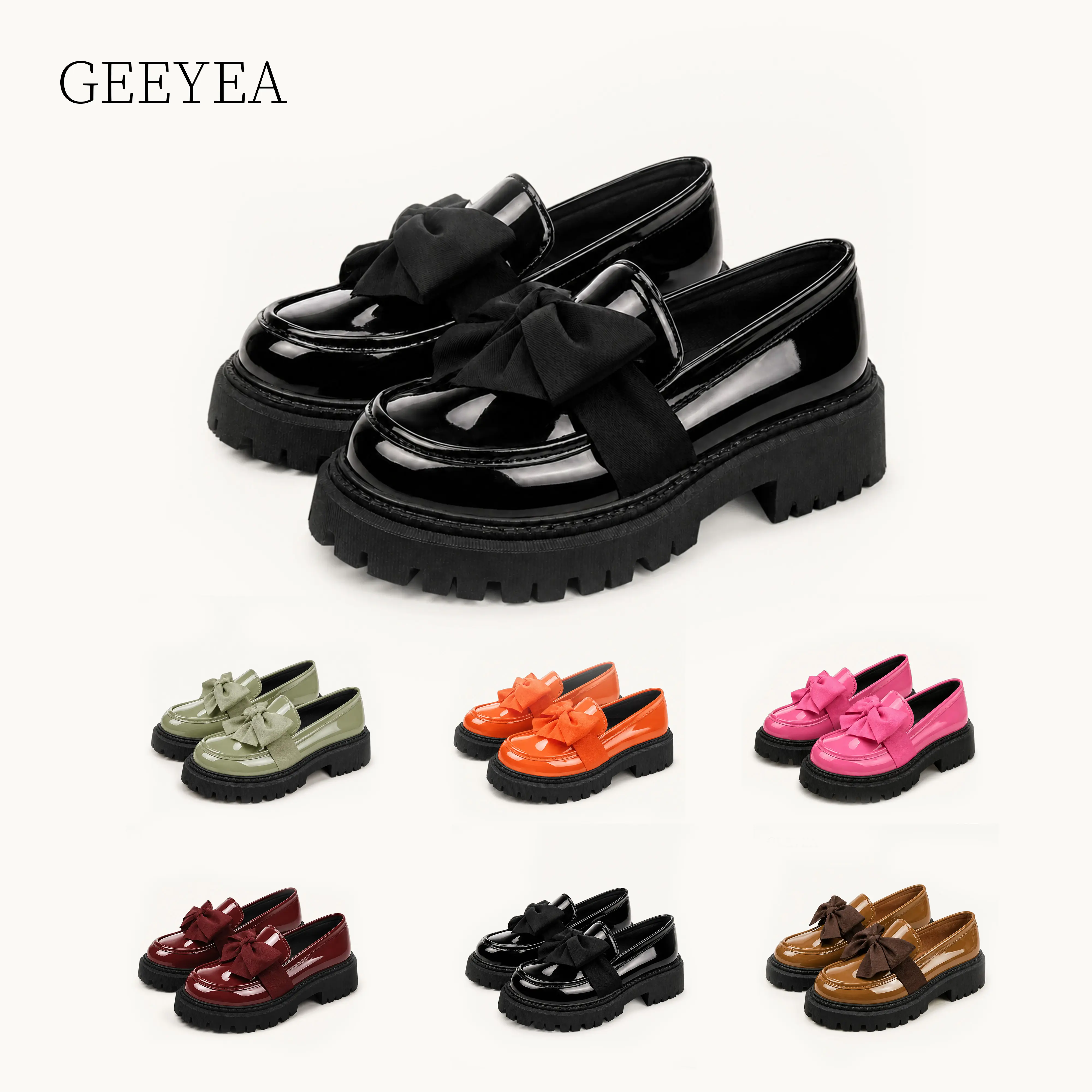 GEEYEA Chunky Platform Loafers for Women, Round Toe Slip-On Lug Sole Shoes with Satin-Like Bow for School, Commute and Weekend Outfits