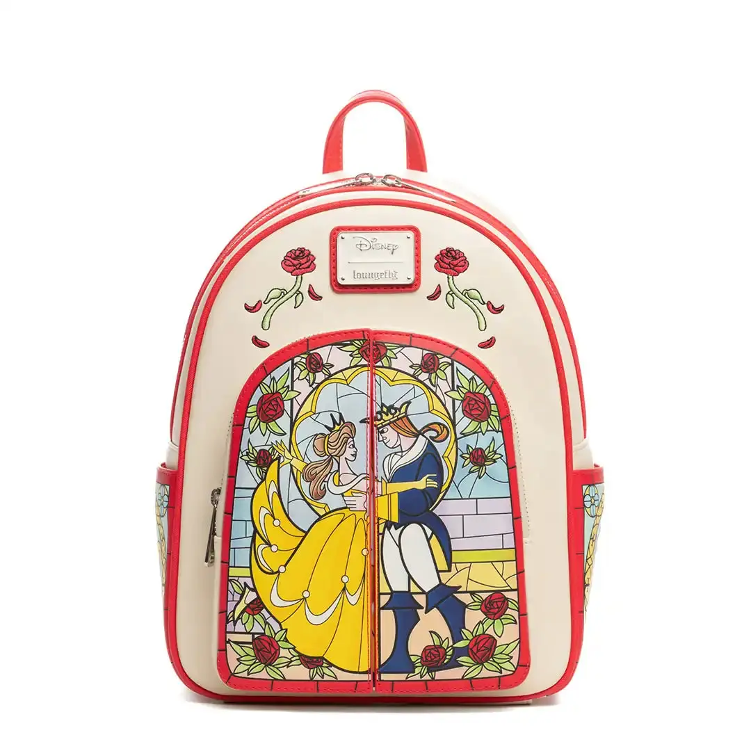 Disney's Beauty and the Beast Belle Casual Backpack - 707 Street Drop Exclusive Faux Leather Youth Character Backpacks with Stained Glass Roses, Fold-Out Panels, 9” W X 10.5” H X 4.5” D, Collectibles, Loungefly, Cartoon Art, Unisex Everyday Carry, Belle A