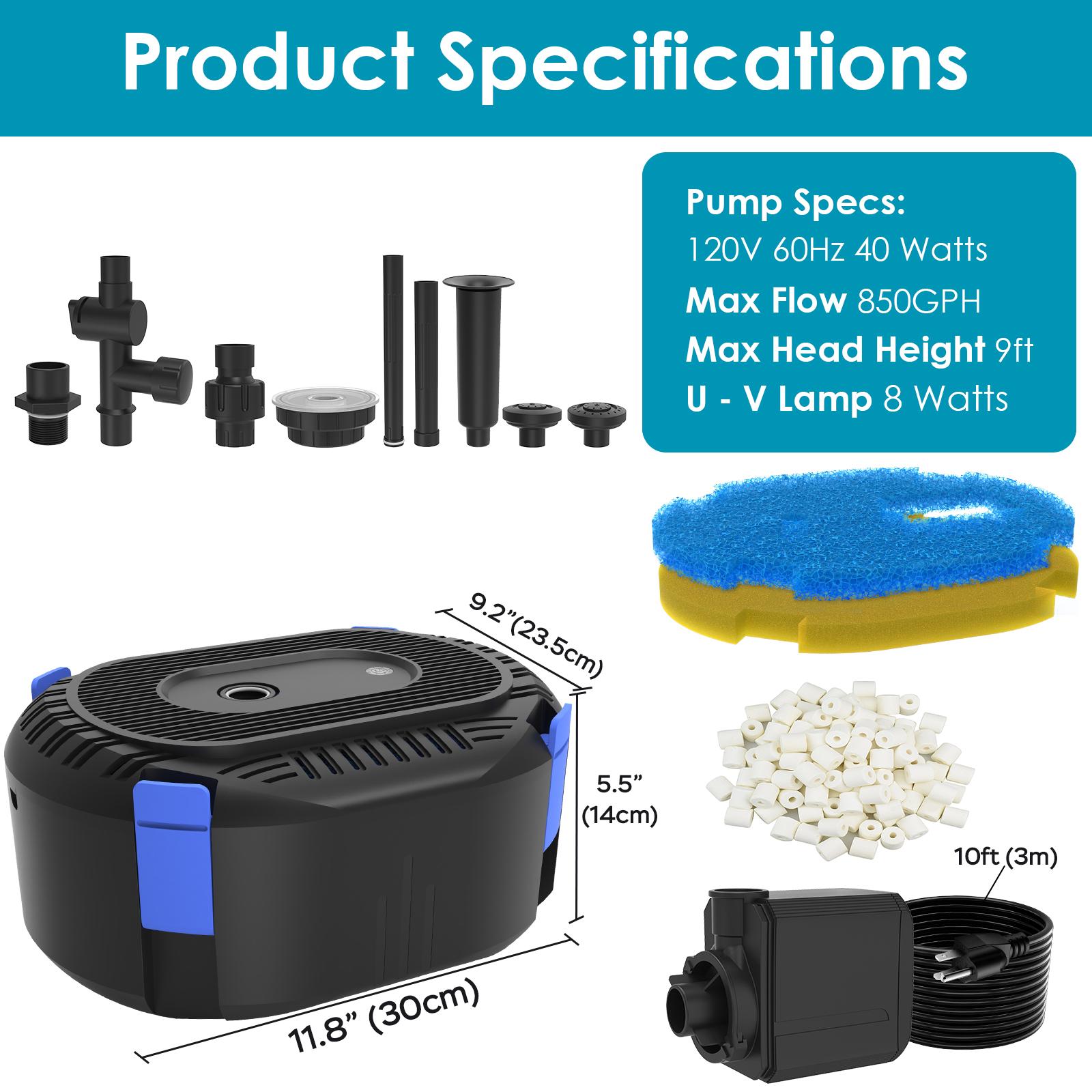 AquaMiracle All-in-1 Pond Fountain Kit with 3-Spray Patterns Pond Filters System for Outdoor Ponds with Color LED & U - V Light to Clean Green Water Fountain Pump
