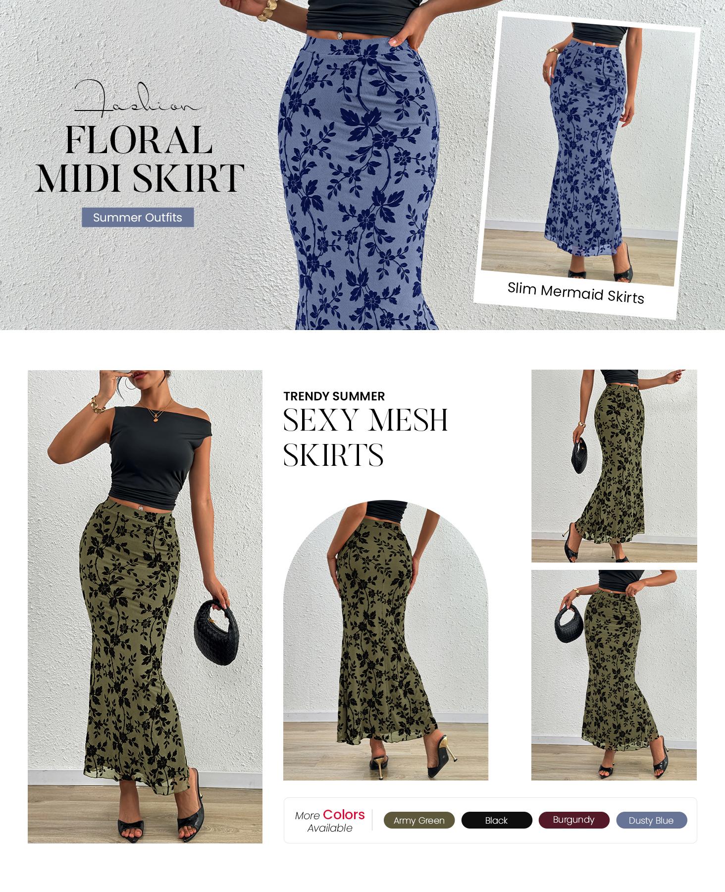 BTFBM Womens Floral Mesh Midi Skirt Elastic High Waisted Boho Elegant Mermaid Summer Fall Long Skirts for Women