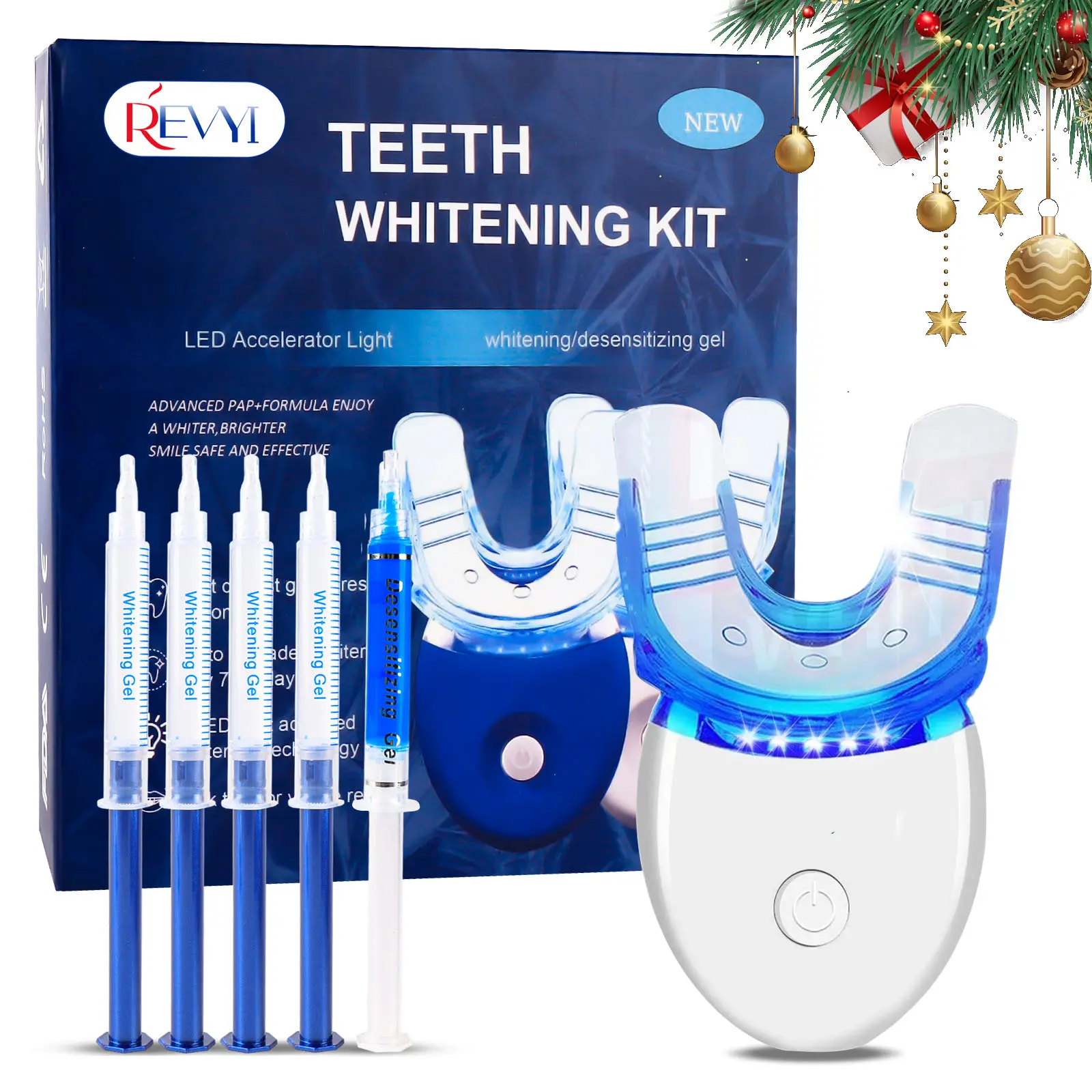 REVYI LED Teeth Whitening Kit with 5x3ml Carbamide Peroxide Gel | Enamel-Safe Whitening Light | Professional Results at Home | Perfect Gift for Parents Him Her Oral Silicone