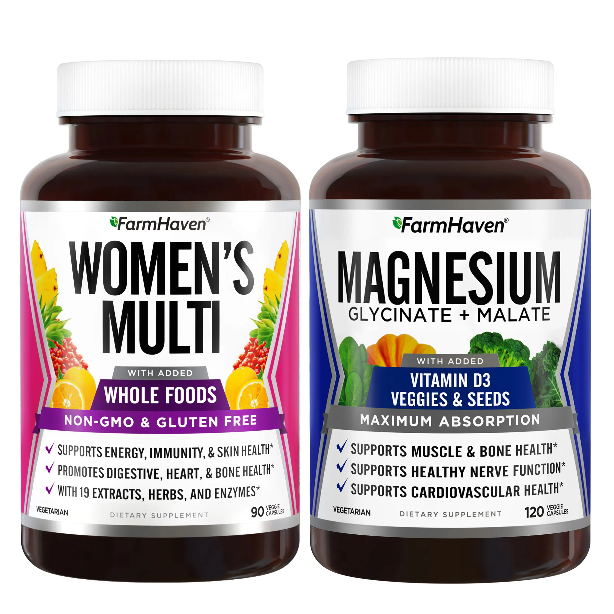 FarmHaven Multivitamin for Women | 22 Essential Nutrients, Fruits & Veggies Womens Multivitamin + FarmHaven Magnesium Glycinate & Malate Complex w/Vitamin D3 Bundle Healthcare Zinc Dietary Fitness Supplement Edible Natural