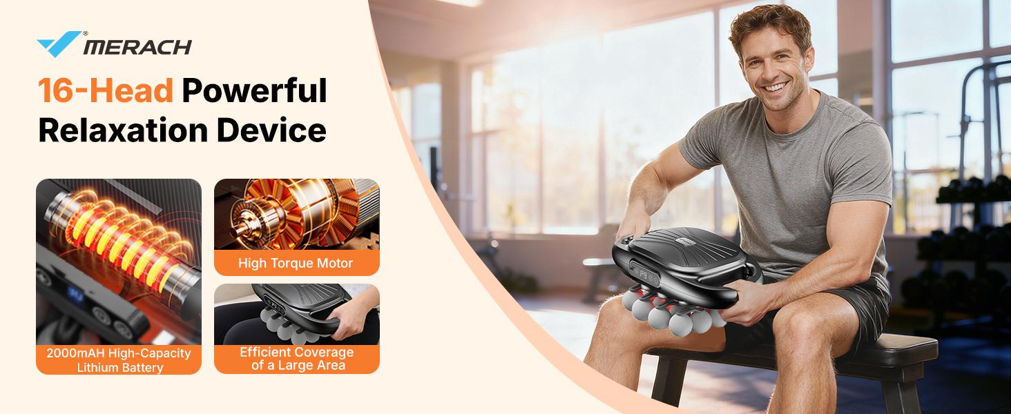Merach 16-Head Massage Gun with 9 Modes, Deep Tissue Percussion with 30 Levels Quiet Muscle Massage Gun with Red Light Therapy for Full-Body Relaxation, Daily Use Gift
