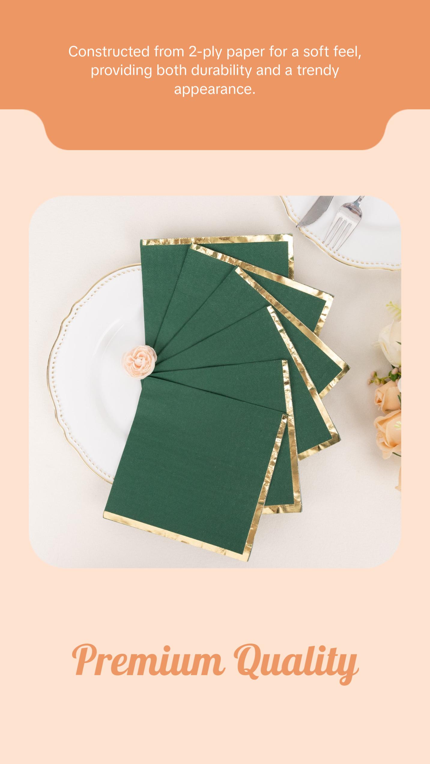 50 Pack 2 Ply Soft Hunter Emerald Green With Gold Foil Edge Dinner Paper Napkins, Wedding Cocktail Beverage Napkins